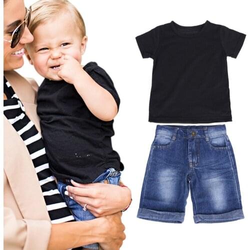Boys Black Short-sleeve T-shirt Jeans Suit Cotton Kids Tops Toddler Girl Summer Clothes