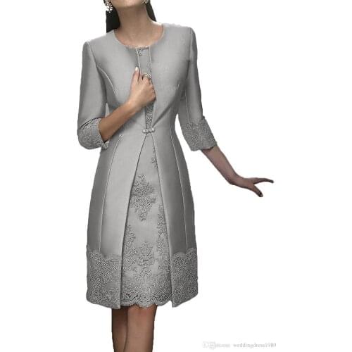 Elegant Sheath Short Mother Formal Wear With Jacket Evening Satin Lace Party Wedding Guest Dress 2019 Mother Of The Bride Dress
