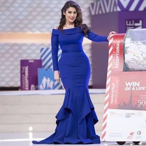 Elegant Royal Blue Mermaid Evening Dresses 2021 Women Formal Event Wear Bateau Neck Long Sleeves Fishtail Prom Dress Party Gowns