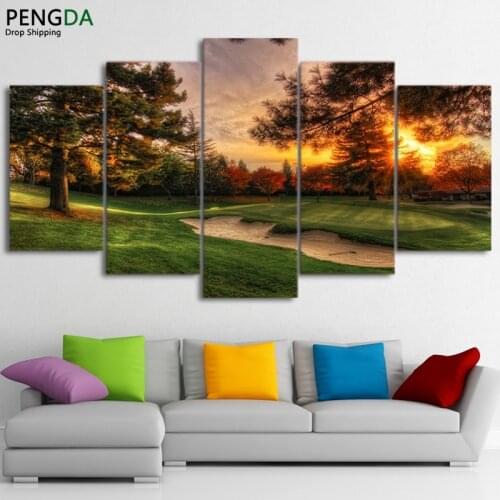 Modular Pictures Wall Art Canvas Painting Prints 5 Pieces Golf Course Trees Sunset Landscape Poster Room Home Decor Frame PENGDA