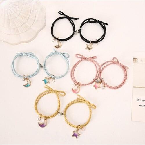 Cartoon Magnetic Couple Bracelets with Gradient Moon Stars Pendant Cute Mutually Attractive Friendship Rope for Friends d88