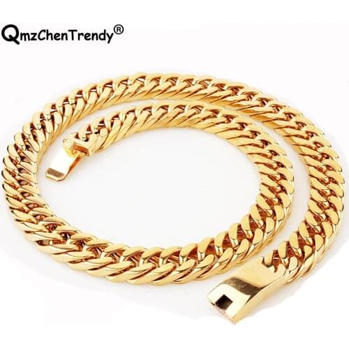 Stainless Steel Jewelry Gold color High Polished Heavy Curb Cuban Link Necklace For Men Exaggerated Punk Hip Hop Chains