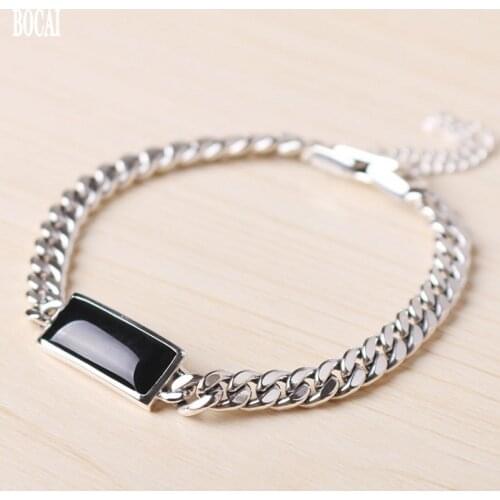 2020 new real S925 sterling silver bracelet for men and women new vintage Thai silver soft chain black zircon men bracelet