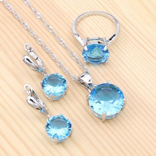 925 Sterling Silver Jewelry Sets Sky Blue Cubic Zirconia Pendant Necklace Ring Earrings For Women Bridal Accessories