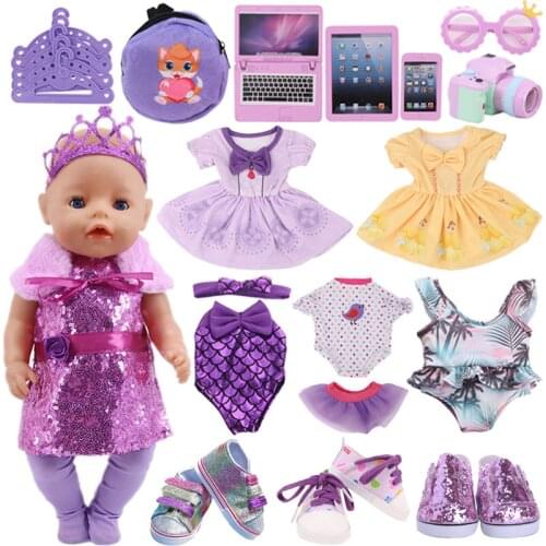 Doll Clothes Purple Series Dsiney Mermaid Dress Shoes For 18 Inch American&43CM Reborn Baby New Born Doll ,Girls Russia Toy DIY