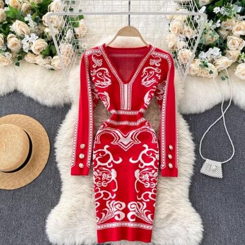 Foamlina Womens Long-sleeved Dress Vintage Floral Jacquard V-neck Knitted Sexy Dress New Autumn Winter Slim Fit Elegant Dress