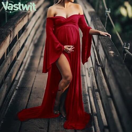 Maternity Dresses for Photo Shoot Sexy Shouldless Ruffle Pregnant Cotton Dresses for Women Puff Sleeve Maxi Long Pregnancy Dress