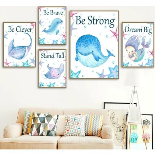 Ray Dolphin Mermaid Starfish Seaweed Quote Wall Art Canvas Painting Nordic Posters And Prints Wall Pictures Kids Room Decor