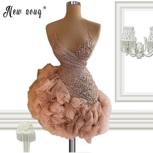 Pink Ruffles Tulle Beading Short Cocktail Dress Sexy See Thru Backless Mini Party Gowns Halter Homecoming Dress 2021