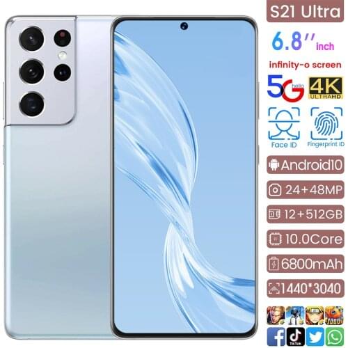 S21U Newest 6.8 Inch Smartphone Android10 12GB RAM 512GB ROM 6800mAh Big Battery Deca Core CPU Mobile Phone 24+48MP Rear Cameras