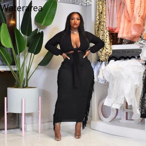 Waterarea Solid Outfits V-neck Lace Up Long Sleeves Short Top+long Side Tassel Slim Skirt Sets Sexy Party Female Two Piece Set