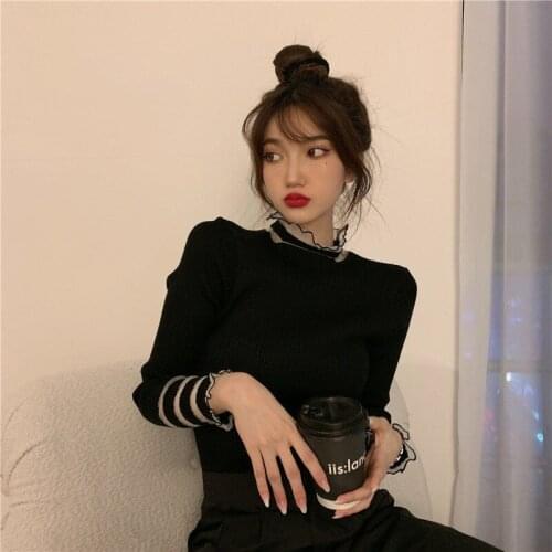 Woman Sweaters Pullover Lace Splicing Pullover Top FallWinter Slim Turtleneck Sweater For Women Femme Chandails