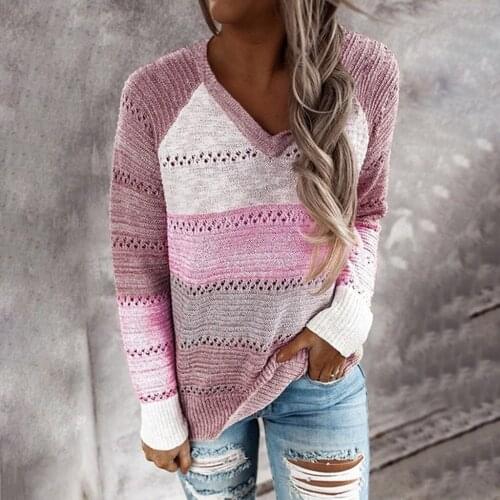 Women Patchwork Sweater Knitted V-Neck Casual Fashion Long Sleeves Blouse Top Autumn Striped Female Elegant Jumpers jersey mujer