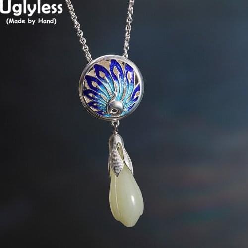 Uglyless Enamel Peacock Peony Ethnic Dress Necklaces for Women Natural Jade Magnolia Pendants + Chains 925 Silver Floral Jewelry