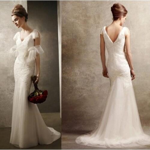 Free shipping 2018 fashion brides v-neck vestidos formal cap sleeve elegant party mermaid lace bridal gown bridesmaid dresses