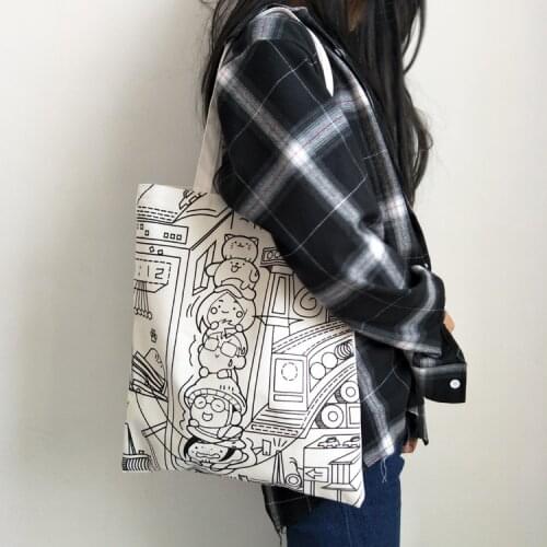 2019 Women Canvas Bags Eco Reusable Shoulder Bag Girls Students Casual Handbag Tote Simple Cartoon Shopping Bags With Zipper