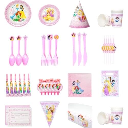 84pcs/set Disney Princess Theme Disposable Birthday Party Decorations Cup Plate Tablecloth Kids Girl Favor Party Supplies