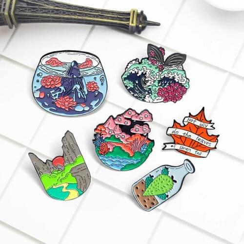 Cherry Blossom Rose Leaf Cactus Enamel Pin Mountain River Spray Peak Whale Camping Brooches Clothes Lapel Badge Jewelry Gift