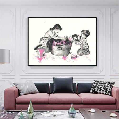 Street Graffiti Art Canvas Painting Children Bathes Dog Art Wall Posters and Prints Love Animals Artwork for Living Room Decor