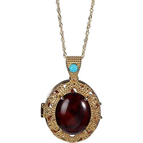 S925 sterling silver gold-plated natural blood amber pendant fashion hollowed-out womens perfume bag set chain