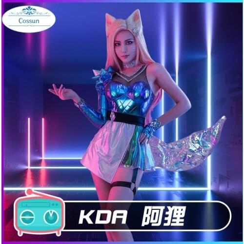 Game LOL cos Ahri Laser dress from KDA Womens team Singing uniform fox Laser cosplay costume F