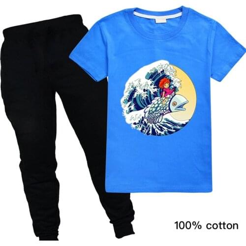 2020 Summer Japanese Cartoon O-Neck 100% Cotton T-shirt+pants 2PCS Ponyo Hayao Miyazaki Famous Print Halloween Outfits for Girls