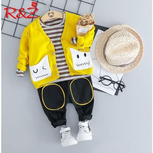 R&Z 2019 spring and autumn new childrens suit cartoon cardigan striped long-sleeved trousers three-piece