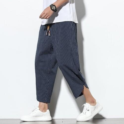 New Arrival Summer Black Mens Striped Casual Daily Pants Cotton Comfortable Streetwear Loose Trouser Japanese Style Men M-5XL