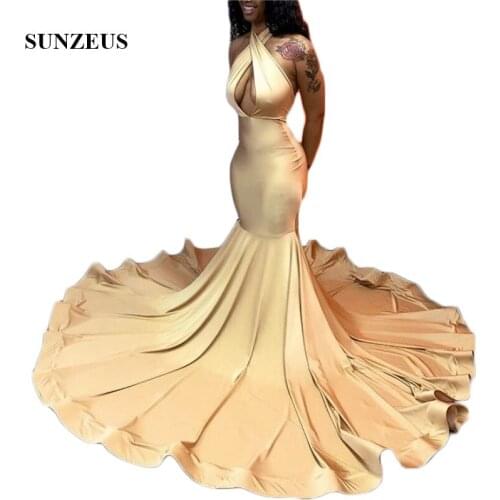 Halter Mermaid Prom Dresses Long Gold Spandex Keyhole Front Sexy Black Girls Graduation Gowns 2021 Simple Prom Gown vestidos