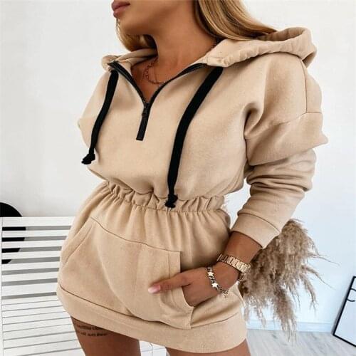 Autumn Dress Women Casual Soild Shirt Dress High Waist Charming Slim Dress Long Sleeve Mini Dress Zipper Hoodies Sweatshirts