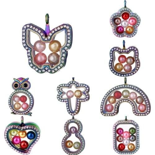 Rainbow Floating Locket Pendant Rhinestone Glass Locket Living Memory Floating Locket Pendant 8mm Pearl Cage