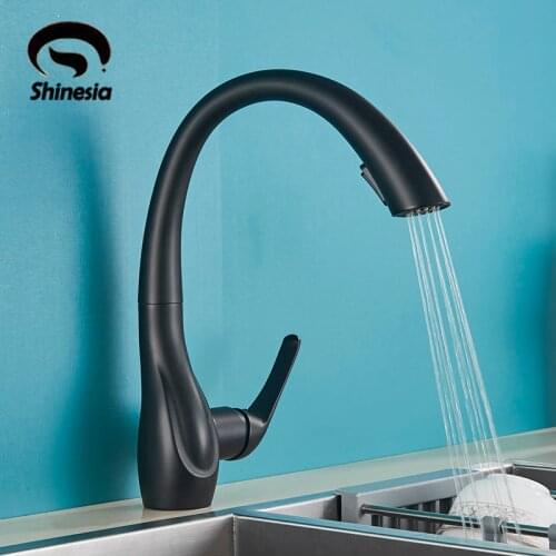 Shinesia Kitchen Faucet Pull Out Sink Matte Black 360 Degree Rotation Hot and Cold Water Mixer Tap Deck Mounted