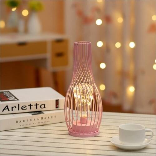 Wrought Iron Led Night Light Battery Vase Decoration for Home Atmosphere Table Lamp Living Room Lighting Kids Night Lamp Pink