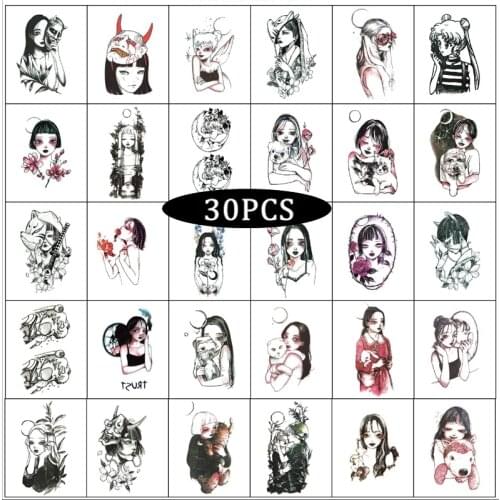 30PCS Black Girls Waterproof Tattoo Stickers for Women Men Body Art Arm Decals Water Transfer Temporary Tattos Bueaty Tatoos