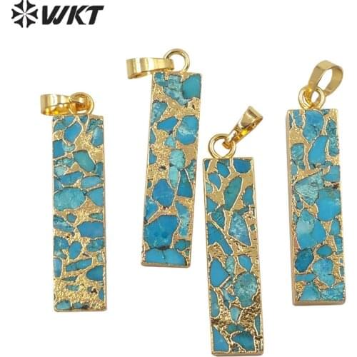 WT-P1697 Wholesale Natural new copper Turquoise long Bar pendant gold electroplated trim rectangle stone pendant jewelry