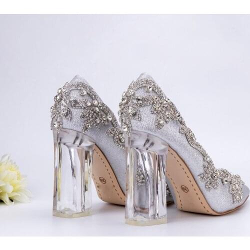 Women Shoes Christmas Celebration Party Dinner Dress Silver Pumps Wedding Bride Luxury High Qaulity Clear Square Heels 10cm Big