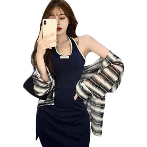 Womens Contrast Color Halter Slim Sexy Dresses Split Sleeveless Clubwear Vestidos Summer New Arrivals