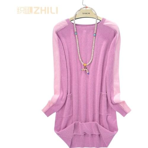 Women Pullovers 100% pure goat cashmere knit womens O-neck long dress pullover sweater Fashion Tops Standard Clothes