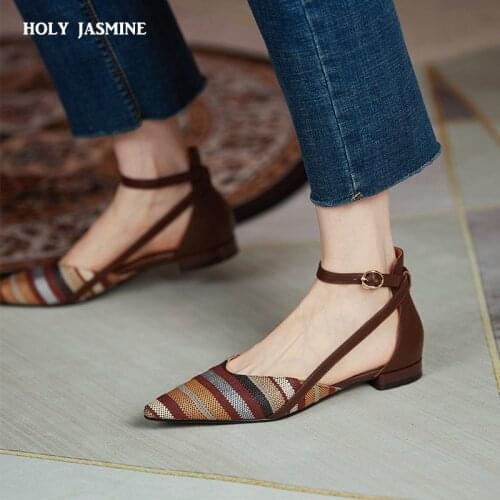 2021 Summer New Genuine Leather Womens Shoes Fashion Slip-On D'orsay Flat Shoes Pointed Toe Thick Heel Shoes Woman Size 34-40