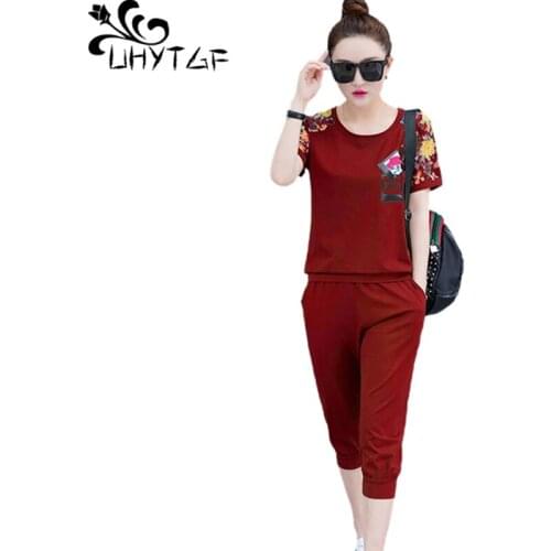 UHYTGF Women Tracksuit Casual Student Summer Two-Piece Sets Short-Sleeved Pullover T-Shirt Tops+Pants Suits Female Clothing 2101