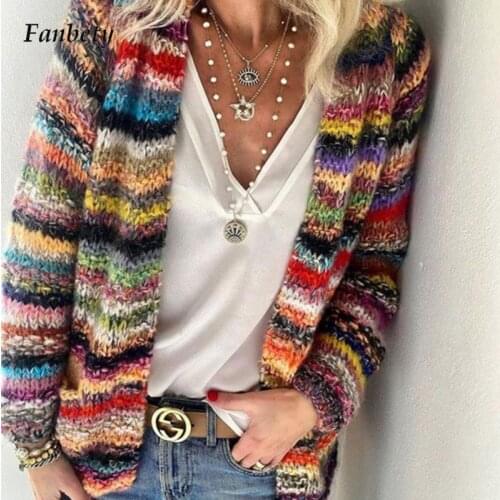 Retro Harajuku Casual Color Striped Loose Sweater Women 2021 Autumn Sleeve Knitted Jacket Fashion Colorful Women Cardigan Top