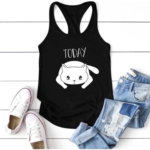 2020 Cute White Cat Today Printed Tank Top Women Sleeveless Summer Vest Femme Graphic Round Neck Tops for Women Loose Plus Size