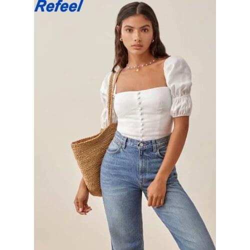 Square Collar White Tunic Women Top Female Camis Elegant Summer Sexy Puff Sleeve Summer Tops Ladies chic Office Crop Top
