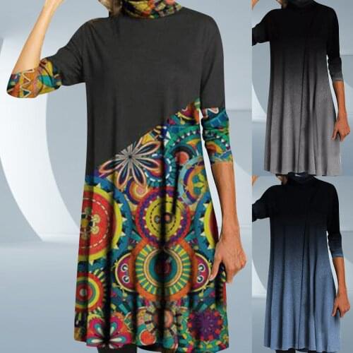 2021 Autumn Female High Neck Half Sleeve Sweatshirt Dresses Womens Oil Painting Faith Jesus Cross Printed Casual Loose Dress