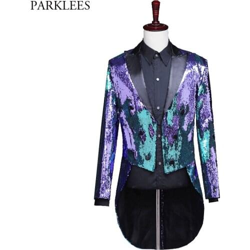 Shiny Sequin Tuxedo Blazer Men Purple Mens Swallow-tailed Coat Stage Singer Magician Suit Jacket Brand Glitter Tailcoat Blazers
