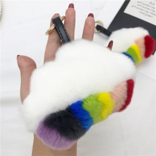 2021 Cute Cloud Rainbow Fluffy Furry Natural Genuine Rabbit Fur Key Chain Keychain For Women Luxury Gift Key Ring Bag Charm F329
