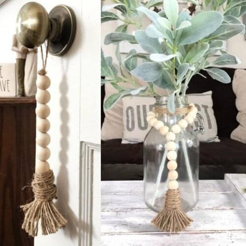 Natural Wood Bead Garland With Jute Tassels Handmade Prayer Beads Rustic Country Style Wall Hanging Decorations 1