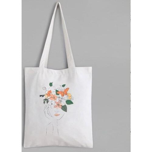 Flowers Girl Tote Bag Canvas Art Print Bags Fashion No Zipper Floral Shopping Bags Women Reusable Bag Custom Friendly Products
