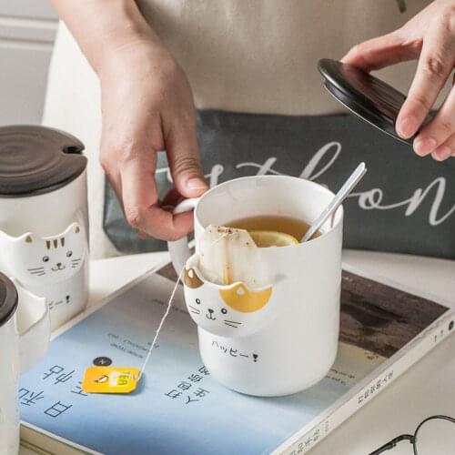 Ceramic Cat Hanging Tea Bag Mug Office Home Creative Cartoon Coffee Cup with Lid Spoon Boxed Friend Birthday Gift Drinkware