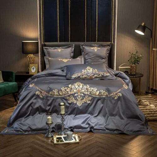 Grey Exquisite Embroidered Bedding Set Luxury 600TC Egyptian Cotton Silky Double Size Bed Sheet Pillowcase Duvet Cover 4/6pcs